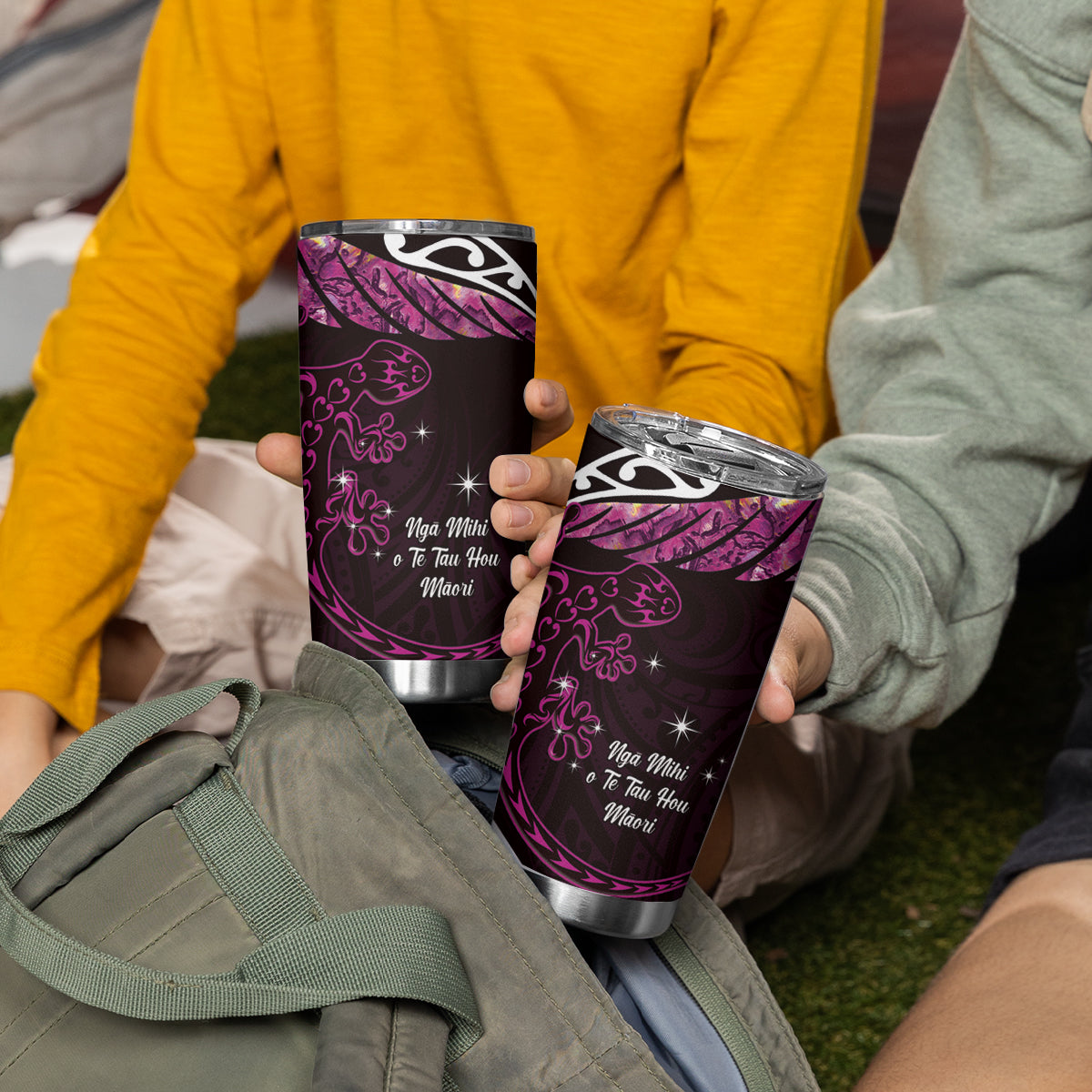 New Zealand Matariki Tumbler Cup Maori New Year Silver Fern And Lizard - Pink LT14 - Polynesian Pride