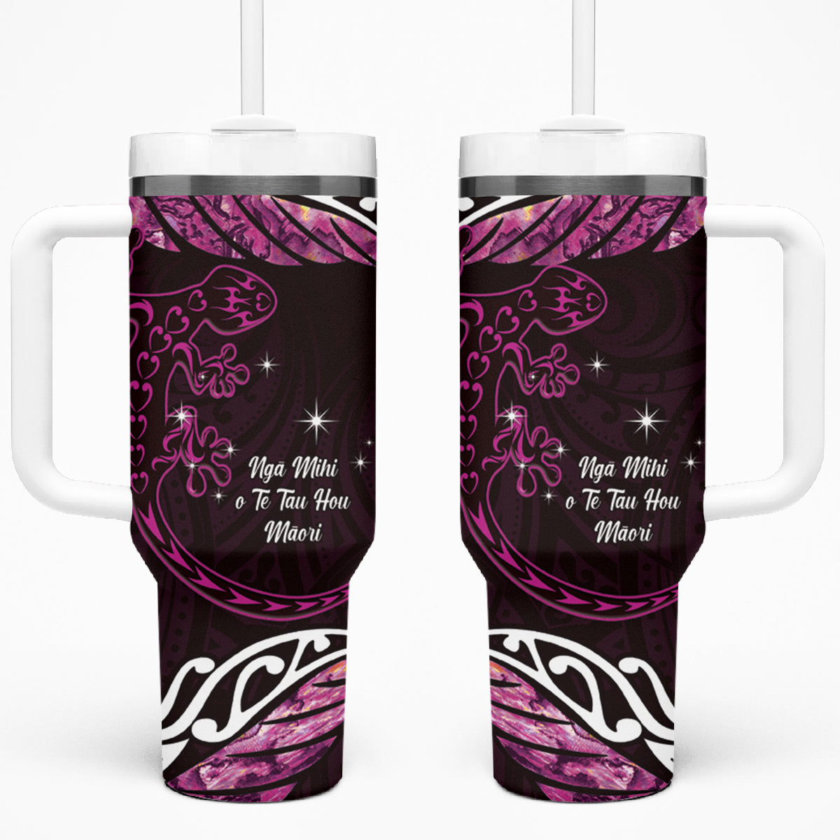 New Zealand Matariki Tumbler With Handle Maori New Year Silver Fern And Lizard - Pink LT14 One Size: 40 oz Pink - Polynesian Pride