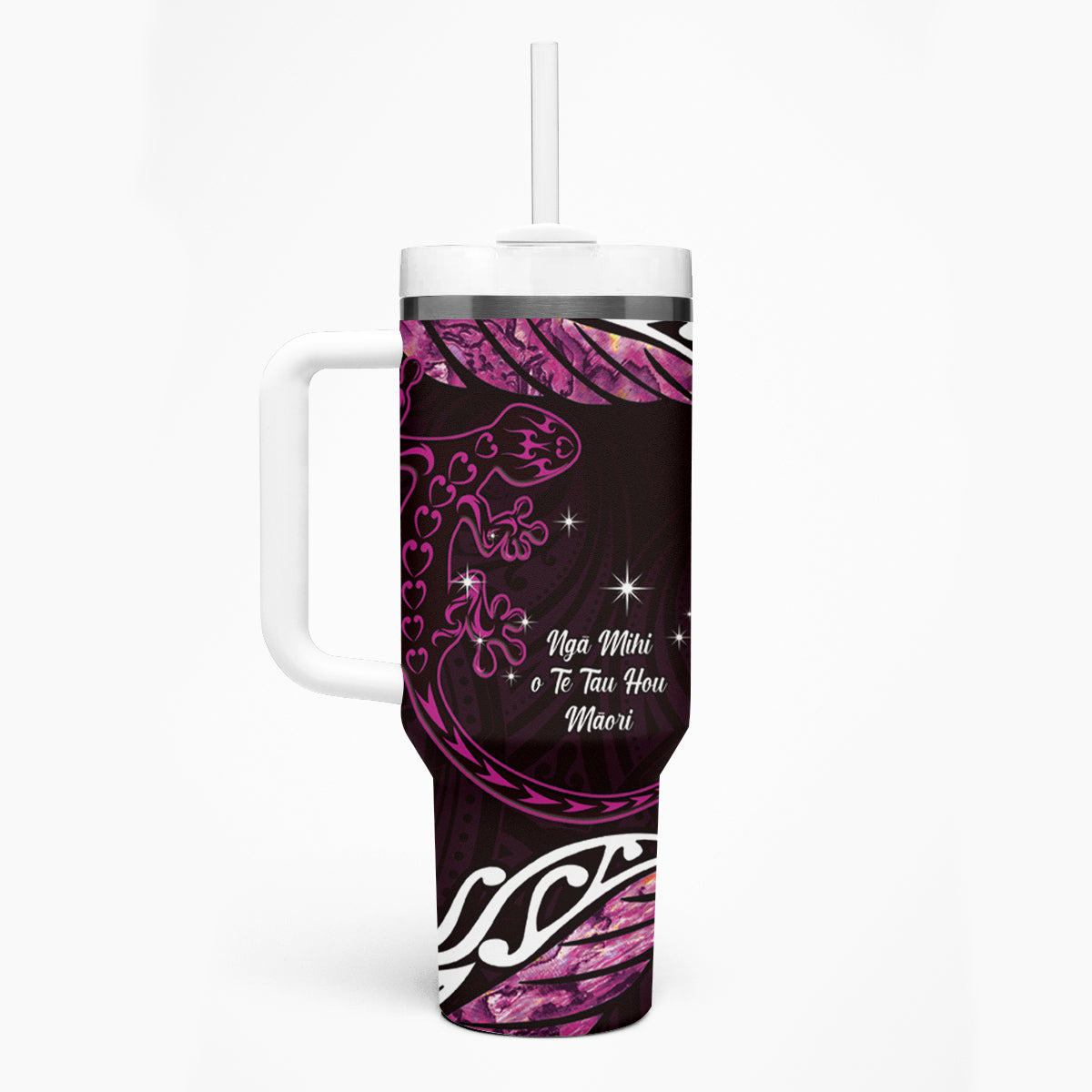 New Zealand Matariki Tumbler With Handle Maori New Year Silver Fern And Lizard - Pink LT14 - Polynesian Pride