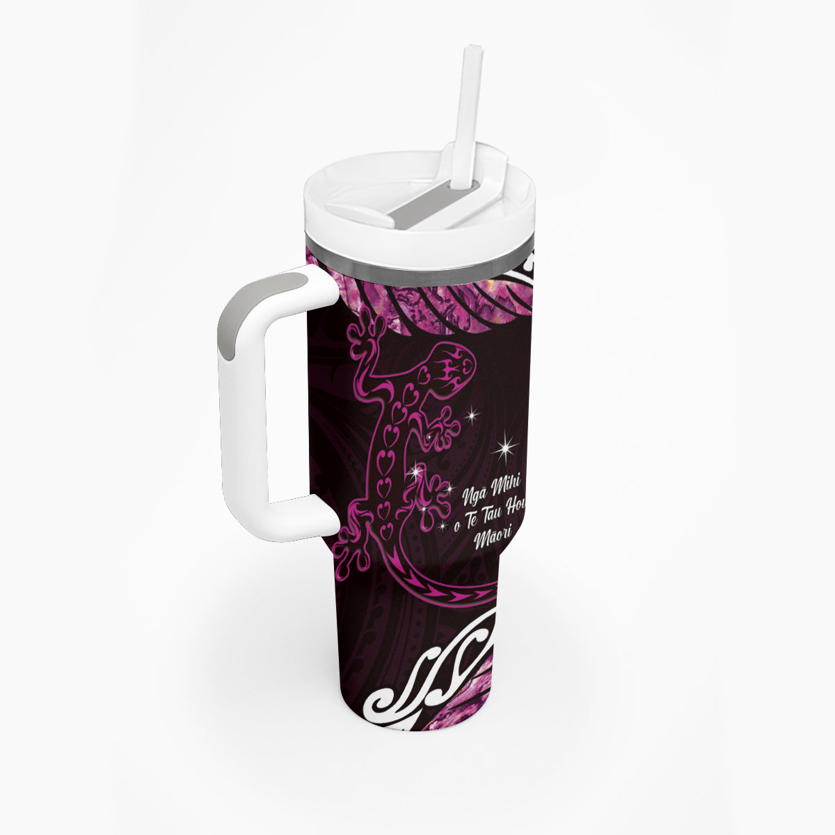 New Zealand Matariki Tumbler With Handle Maori New Year Silver Fern And Lizard - Pink LT14 - Polynesian Pride