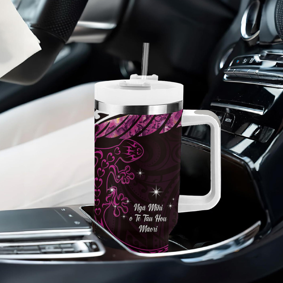 New Zealand Matariki Tumbler With Handle Maori New Year Silver Fern And Lizard - Pink LT14 - Polynesian Pride