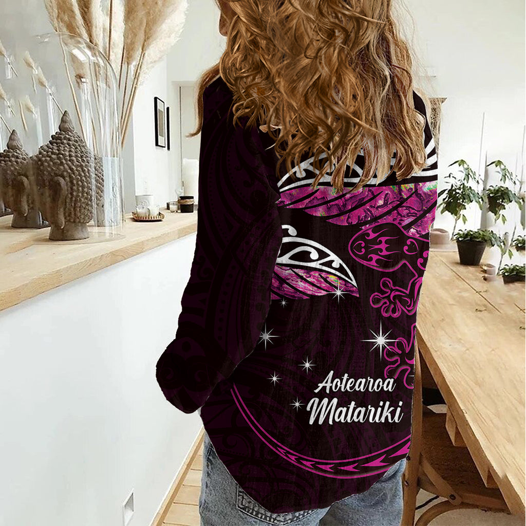 New Zealand Matariki Women Casual Shirt Maori New Year Silver Fern And Lizard - Pink LT14 - Polynesian Pride