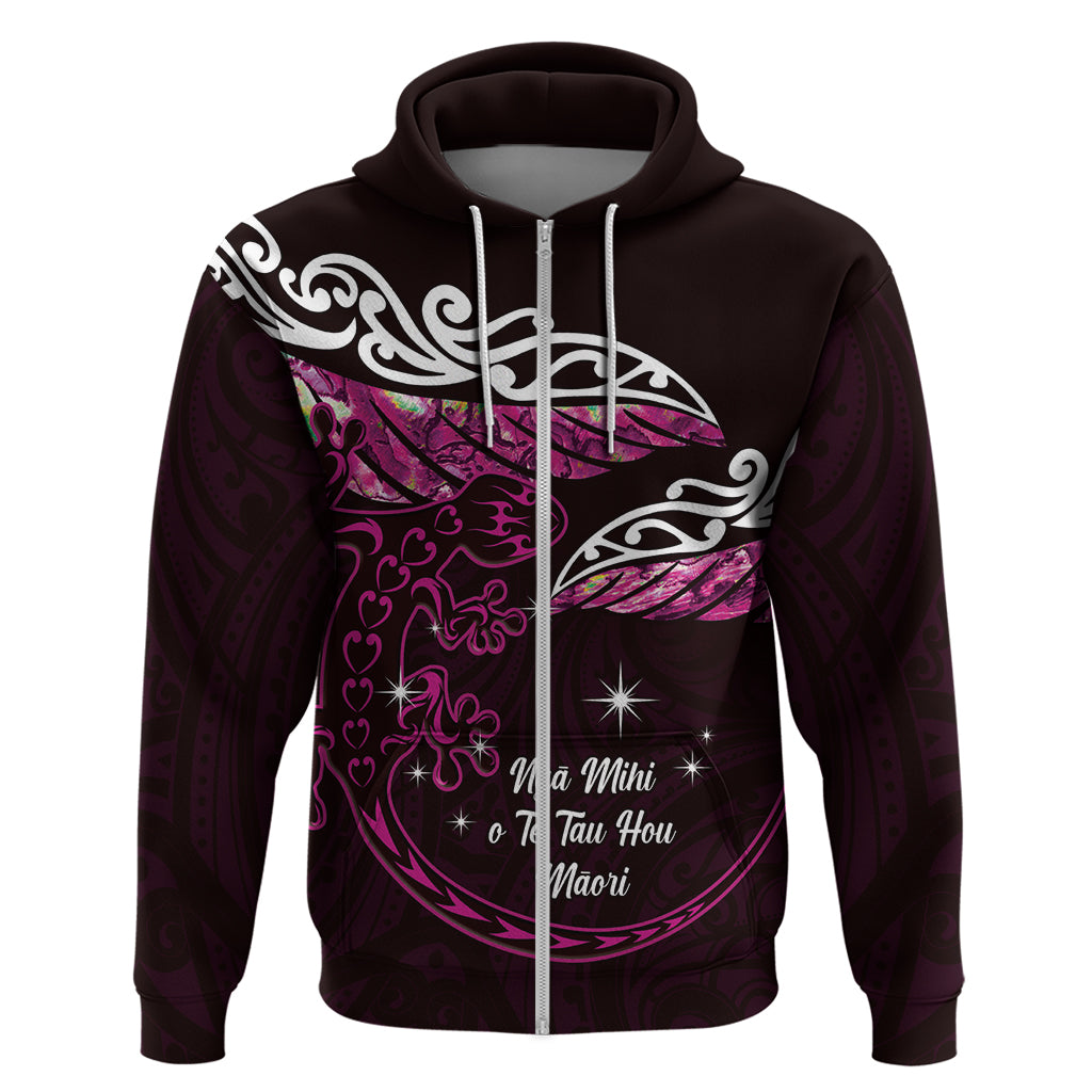 New Zealand Matariki Zip Hoodie Maori New Year Silver Fern And Lizard - Pink LT14 Zip Hoodie Pink - Polynesian Pride