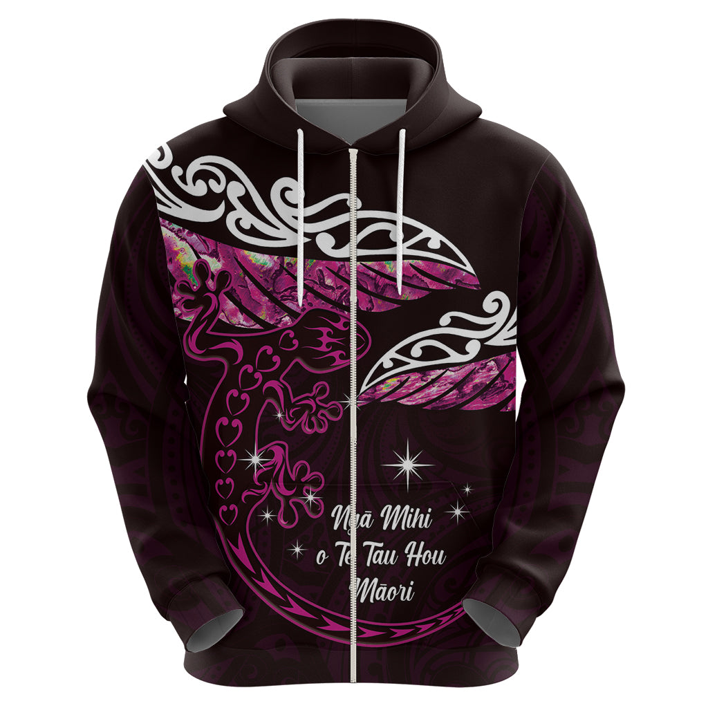 New Zealand Matariki Zip Hoodie Maori New Year Silver Fern And Lizard - Pink LT14 - Polynesian Pride