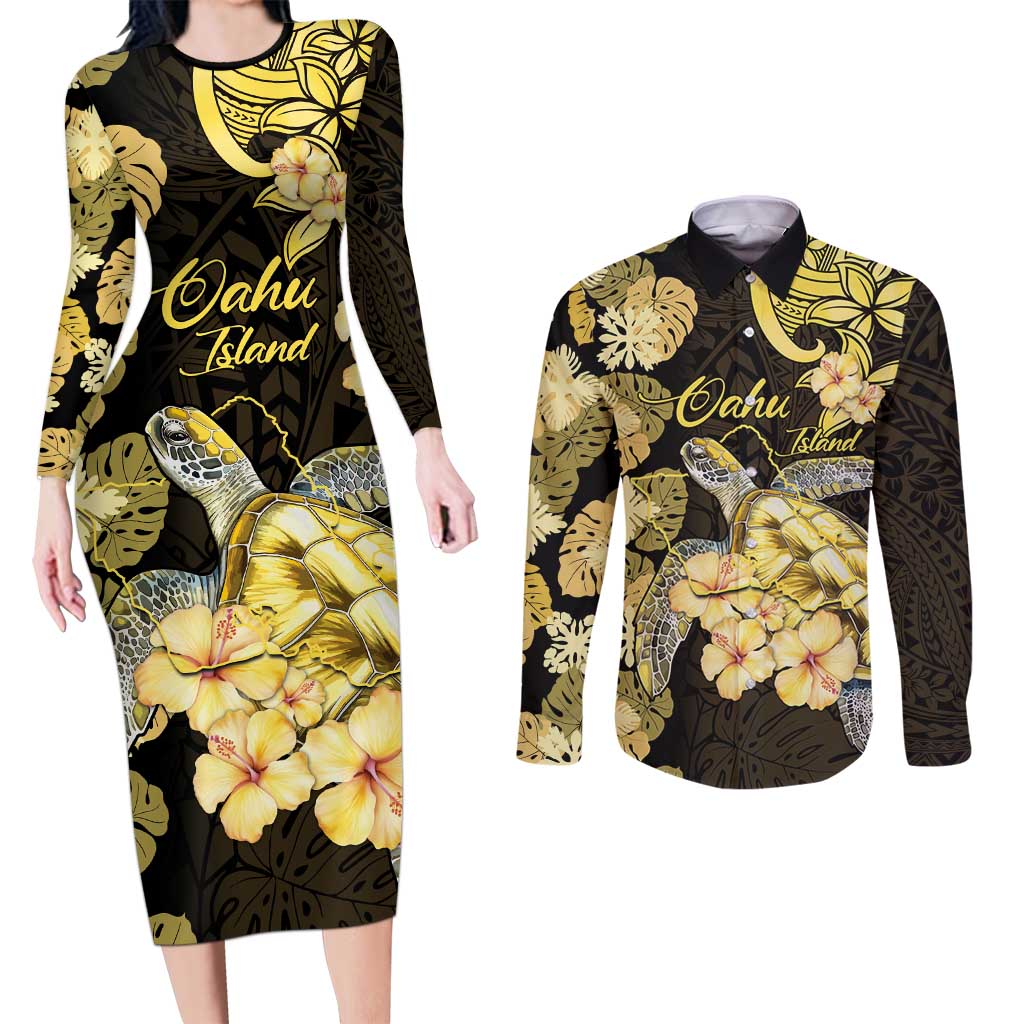 Personalised Aloha Hawaii Oahu Island Couples Matching Long Sleeve Bodycon Dress and Long Sleeve Button Shirt Gathering Place Sea Turtle Ilima Flowers