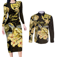 Personalised Aloha Hawaii Oahu Island Couples Matching Long Sleeve Bodycon Dress and Long Sleeve Button Shirt Gathering Place Sea Turtle Ilima Flowers