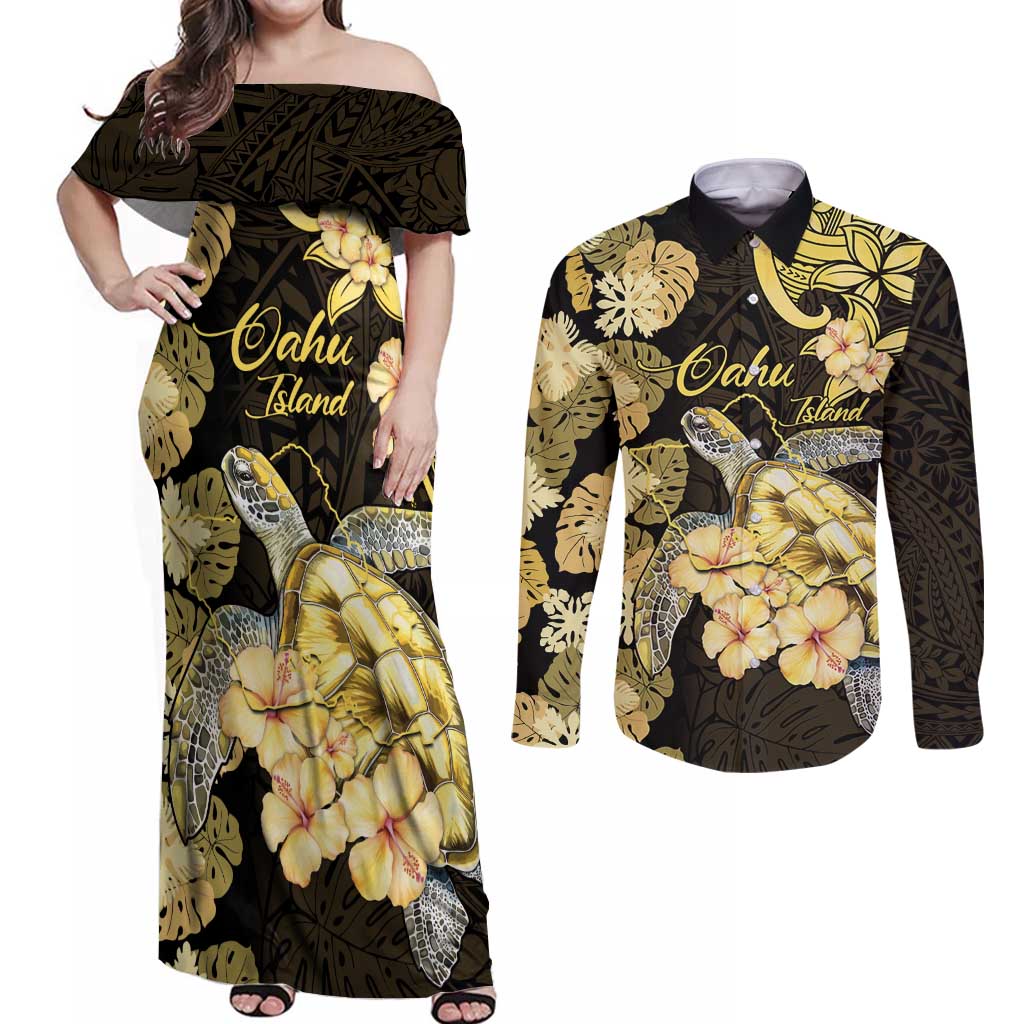 Personalised Aloha Hawaii Oahu Island Couples Matching Off Shoulder Maxi Dress and Long Sleeve Button Shirt Gathering Place Sea Turtle Ilima Flowers