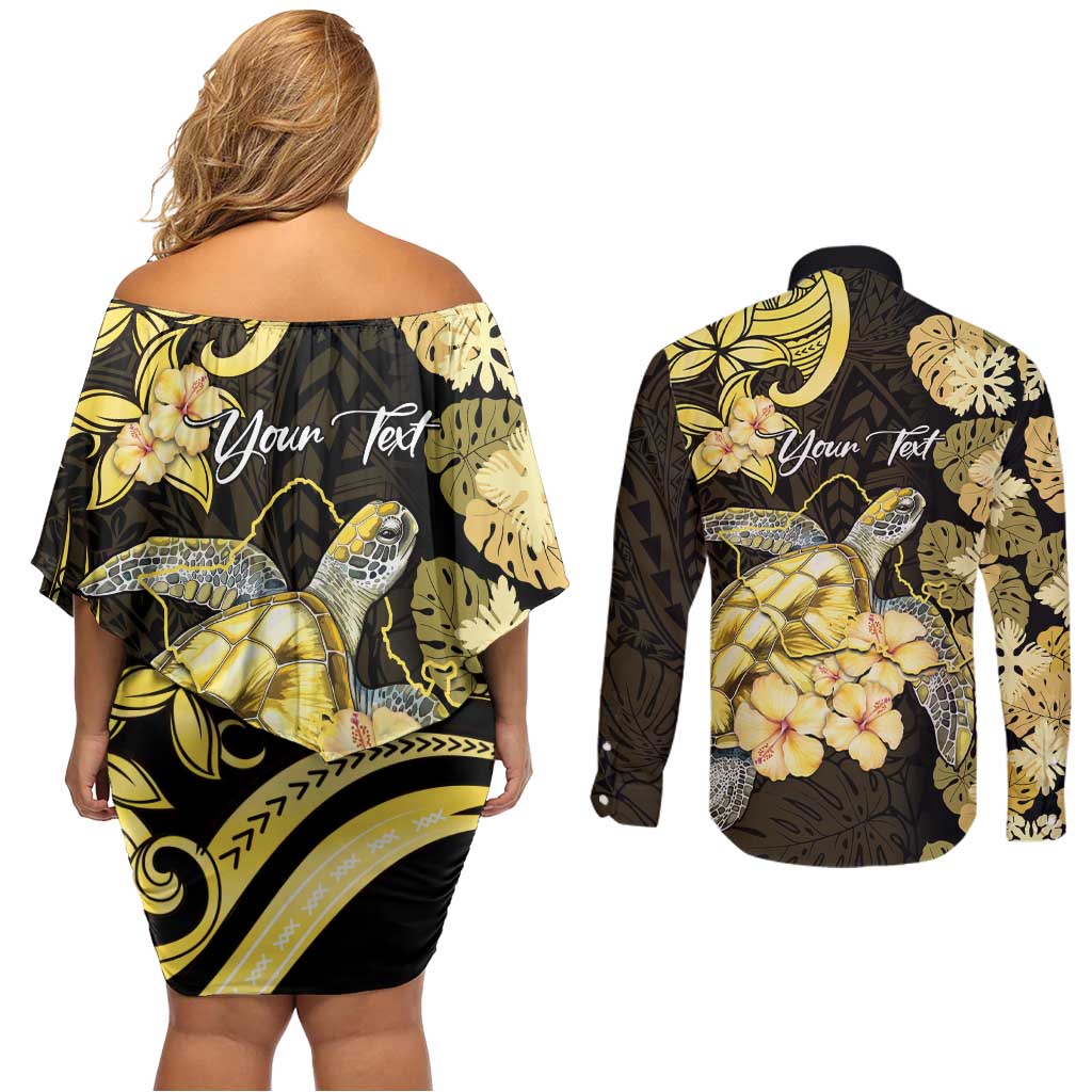 Personalised Aloha Hawaii Oahu Island Couples Matching Off Shoulder Short Dress and Long Sleeve Button Shirt Gathering Place Sea Turtle Ilima Flowers