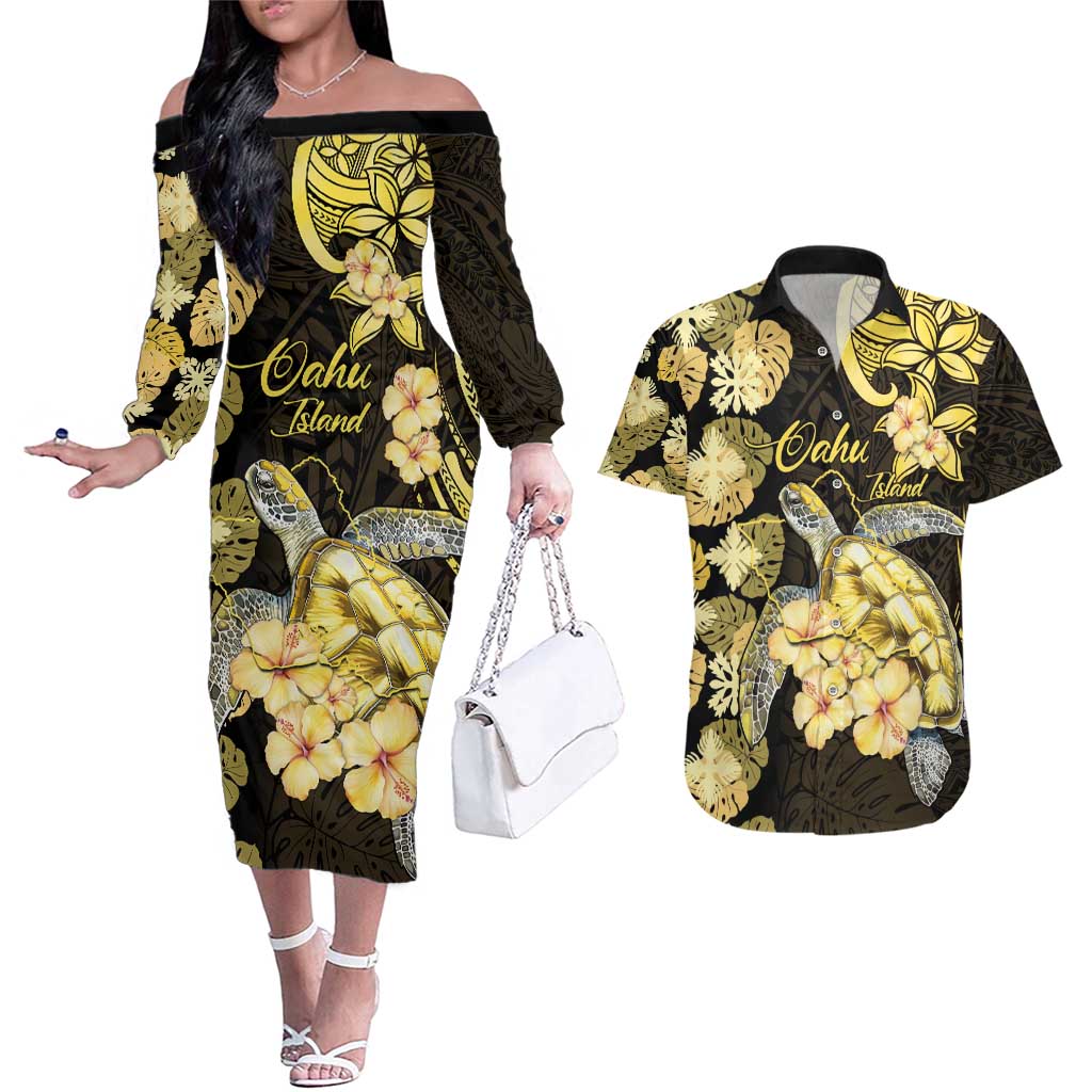 Personalised Aloha Hawaii Oahu Island Couples Matching Off The Shoulder Long Sleeve Dress and Hawaiian Shirt Gathering Place Sea Turtle Ilima Flowers