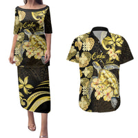 Personalised Aloha Hawaii Oahu Island Couples Matching Puletasi and Hawaiian Shirt Gathering Place Sea Turtle Ilima Flowers LT14 Yellow - Polynesian Pride