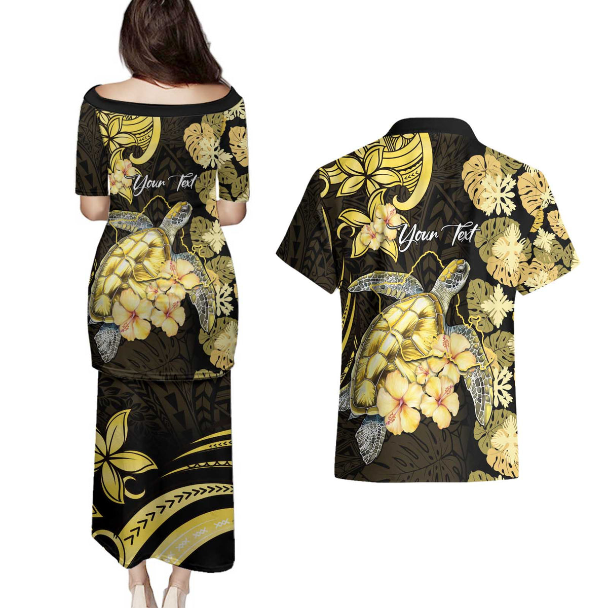 Personalised Aloha Hawaii Oahu Island Couples Matching Puletasi and Hawaiian Shirt Gathering Place Sea Turtle Ilima Flowers LT14 - Polynesian Pride