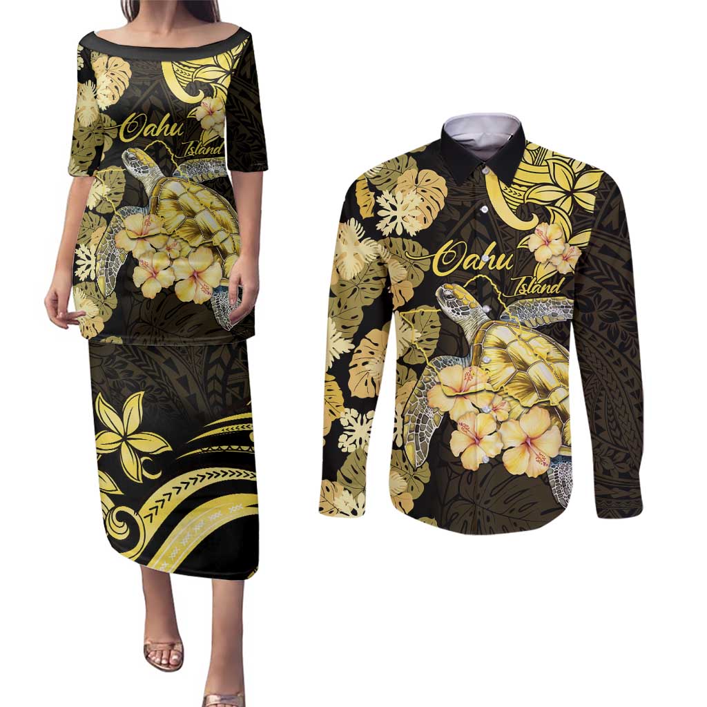 Personalised Aloha Hawaii Oahu Island Couples Matching Puletasi and Long Sleeve Button Shirt Gathering Place Sea Turtle Ilima Flowers LT14 Yellow - Polynesian Pride