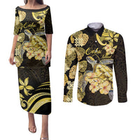 Personalised Aloha Hawaii Oahu Island Couples Matching Puletasi and Long Sleeve Button Shirt Gathering Place Sea Turtle Ilima Flowers LT14 Yellow - Polynesian Pride