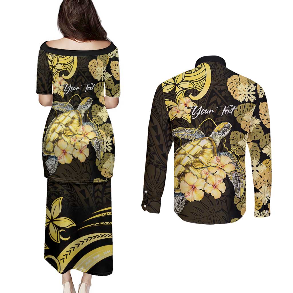 Personalised Aloha Hawaii Oahu Island Couples Matching Puletasi and Long Sleeve Button Shirt Gathering Place Sea Turtle Ilima Flowers LT14 - Polynesian Pride