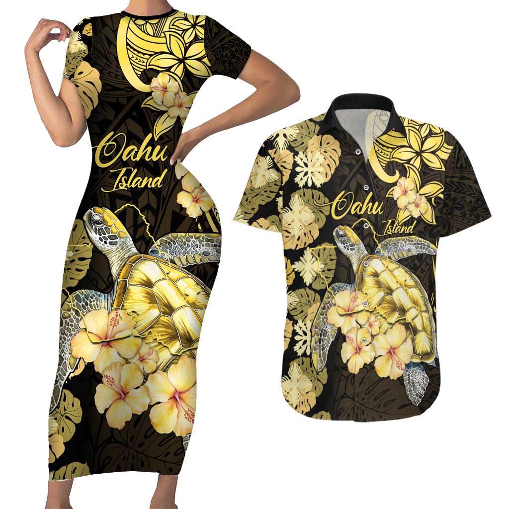 Personalised Aloha Hawaii Oahu Island Couples Matching Short Sleeve Bodycon Dress and Hawaiian Shirt Gathering Place Sea Turtle Ilima Flowers