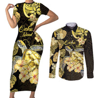 Personalised Aloha Hawaii Oahu Island Couples Matching Short Sleeve Bodycon Dress and Long Sleeve Button Shirt Gathering Place Sea Turtle Ilima Flowers