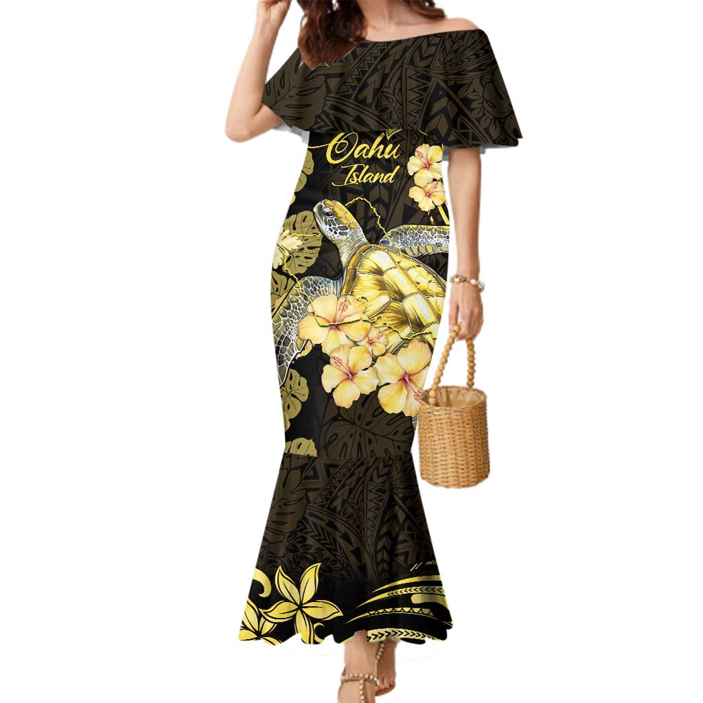 Personalised Aloha Hawaii Oahu Island Family Matching Mermaid Dress and Hawaiian Shirt Gathering Place Sea Turtle Ilima Flowers LT14 Mom's Dress Yellow - Polynesian Pride