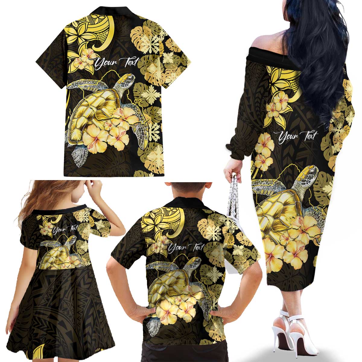 Personalised Aloha Hawaii Oahu Island Family Matching Off The Shoulder Long Sleeve Dress and Hawaiian Shirt Gathering Place Sea Turtle Ilima Flowers