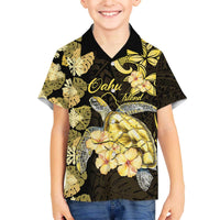 Personalised Aloha Hawaii Oahu Island Family Matching Off The Shoulder Long Sleeve Dress and Hawaiian Shirt Gathering Place Sea Turtle Ilima Flowers