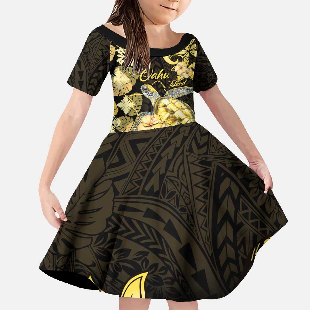 Personalised Aloha Hawaii Oahu Island Family Matching Off Shoulder Maxi Dress and Hawaiian Shirt Gathering Place Sea Turtle Ilima Flowers LT14 Daughter's Dress Yellow - Polynesian Pride