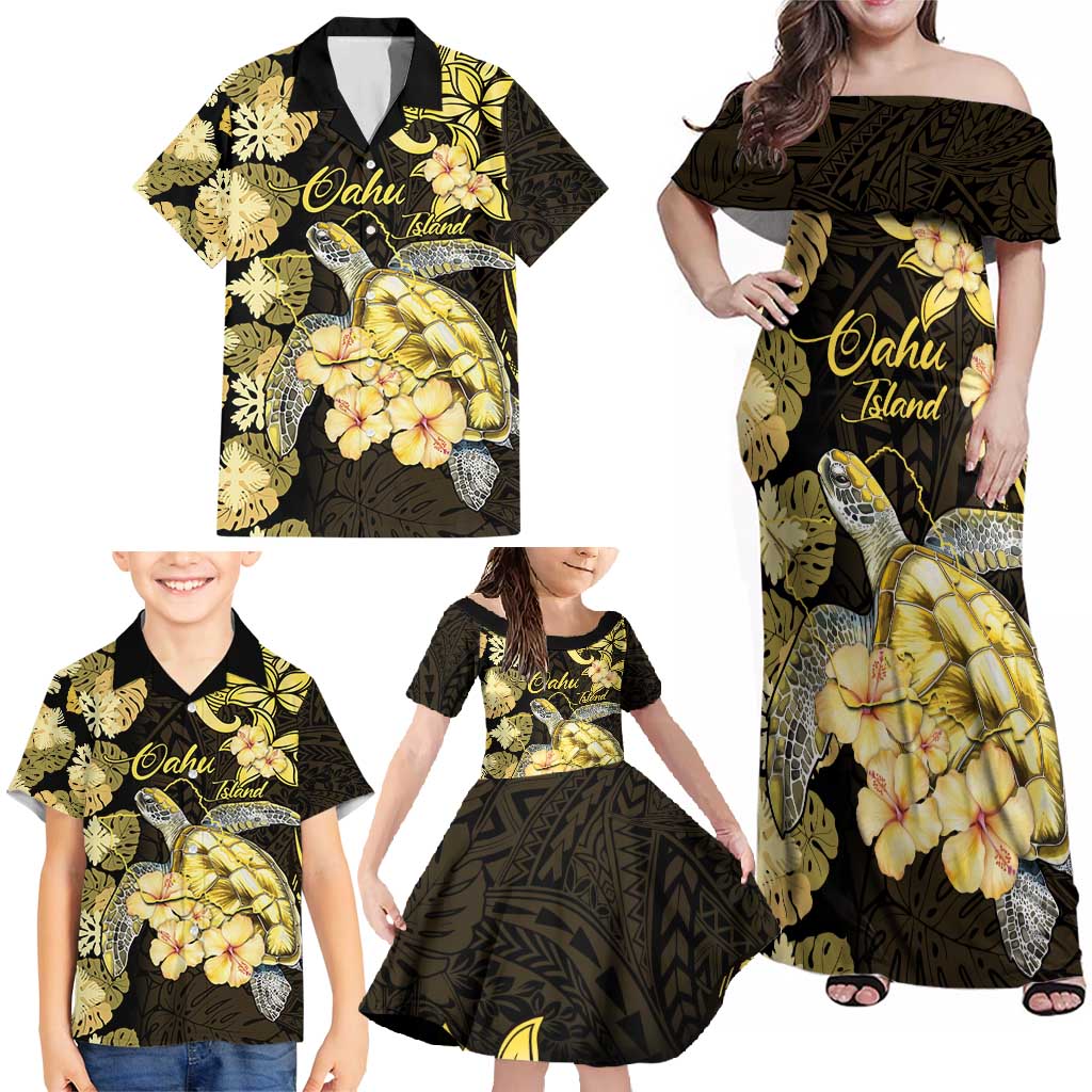 Personalised Aloha Hawaii Oahu Island Family Matching Off Shoulder Maxi Dress and Hawaiian Shirt Gathering Place Sea Turtle Ilima Flowers