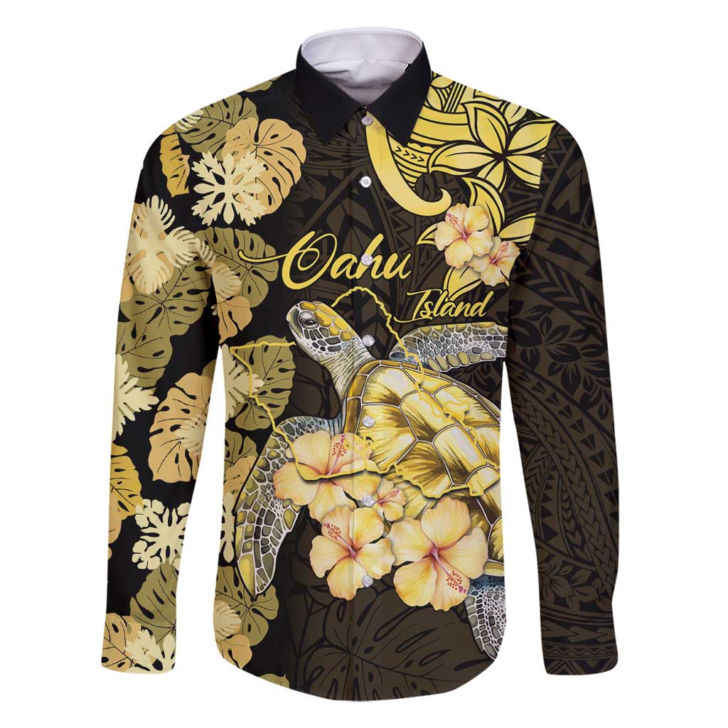 Personalised Aloha Hawaii Oahu Island Family Matching Off Shoulder Maxi Dress and Hawaiian Shirt Gathering Place Sea Turtle Ilima Flowers LT14 Dad's Shirt - Long Sleeve Yellow - Polynesian Pride