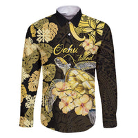 Personalised Aloha Hawaii Oahu Island Family Matching Off Shoulder Maxi Dress and Hawaiian Shirt Gathering Place Sea Turtle Ilima Flowers LT14 Dad's Shirt - Long Sleeve Yellow - Polynesian Pride