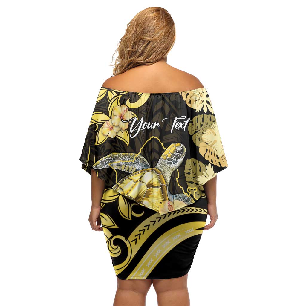 Personalised Aloha Hawaii Oahu Island Family Matching Off Shoulder Short Dress and Hawaiian Shirt Gathering Place Sea Turtle Ilima Flowers