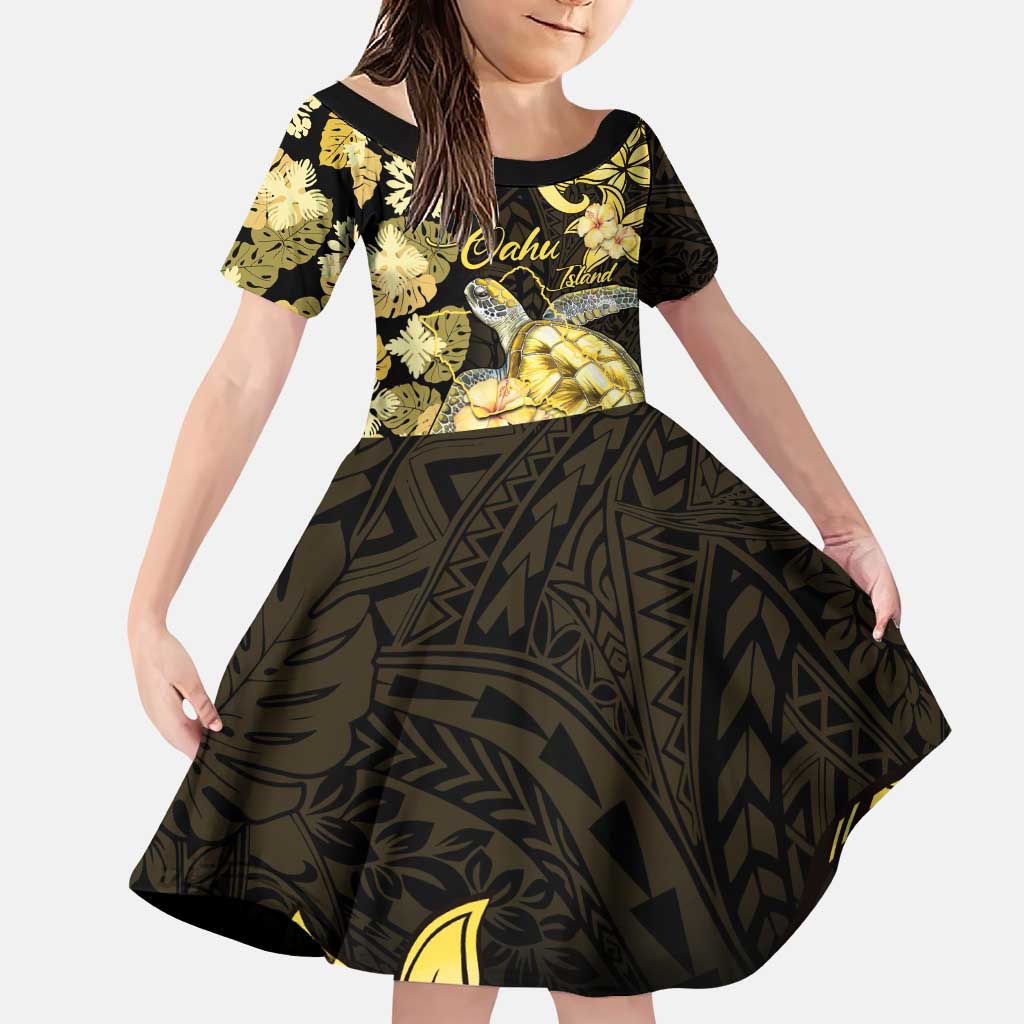 Personalised Aloha Hawaii Oahu Island Family Matching Puletasi and Hawaiian Shirt Gathering Place Sea Turtle Ilima Flowers LT14 Daughter's Dress Yellow - Polynesian Pride