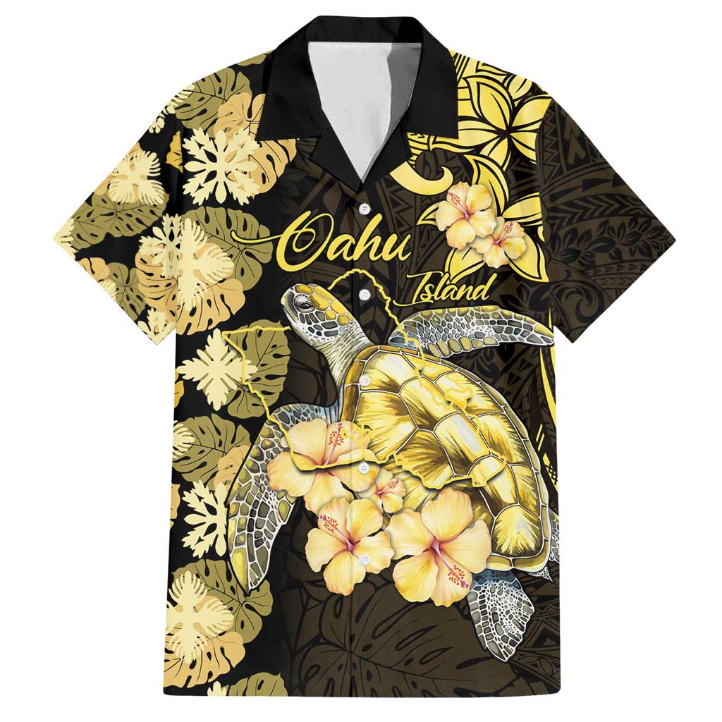 Personalised Aloha Hawaii Oahu Island Family Matching Puletasi and Hawaiian Shirt Gathering Place Sea Turtle Ilima Flowers LT14 Dad's Shirt - Short Sleeve Yellow - Polynesian Pride