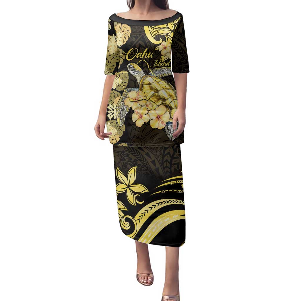 Personalised Aloha Hawaii Oahu Island Family Matching Puletasi and Hawaiian Shirt Gathering Place Sea Turtle Ilima Flowers LT14 Mom's Dress Yellow - Polynesian Pride