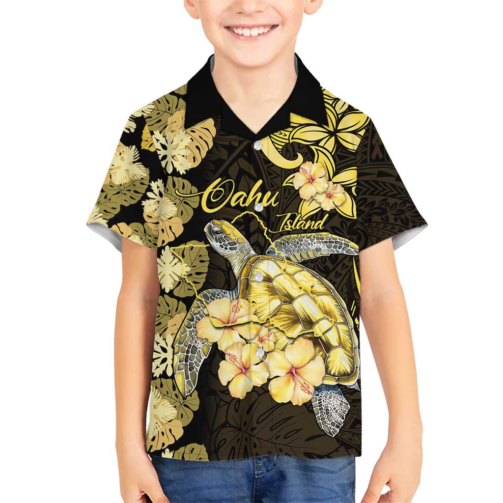 Personalised Aloha Hawaii Oahu Island Family Matching Puletasi and Hawaiian Shirt Gathering Place Sea Turtle Ilima Flowers LT14 Son's Shirt Yellow - Polynesian Pride