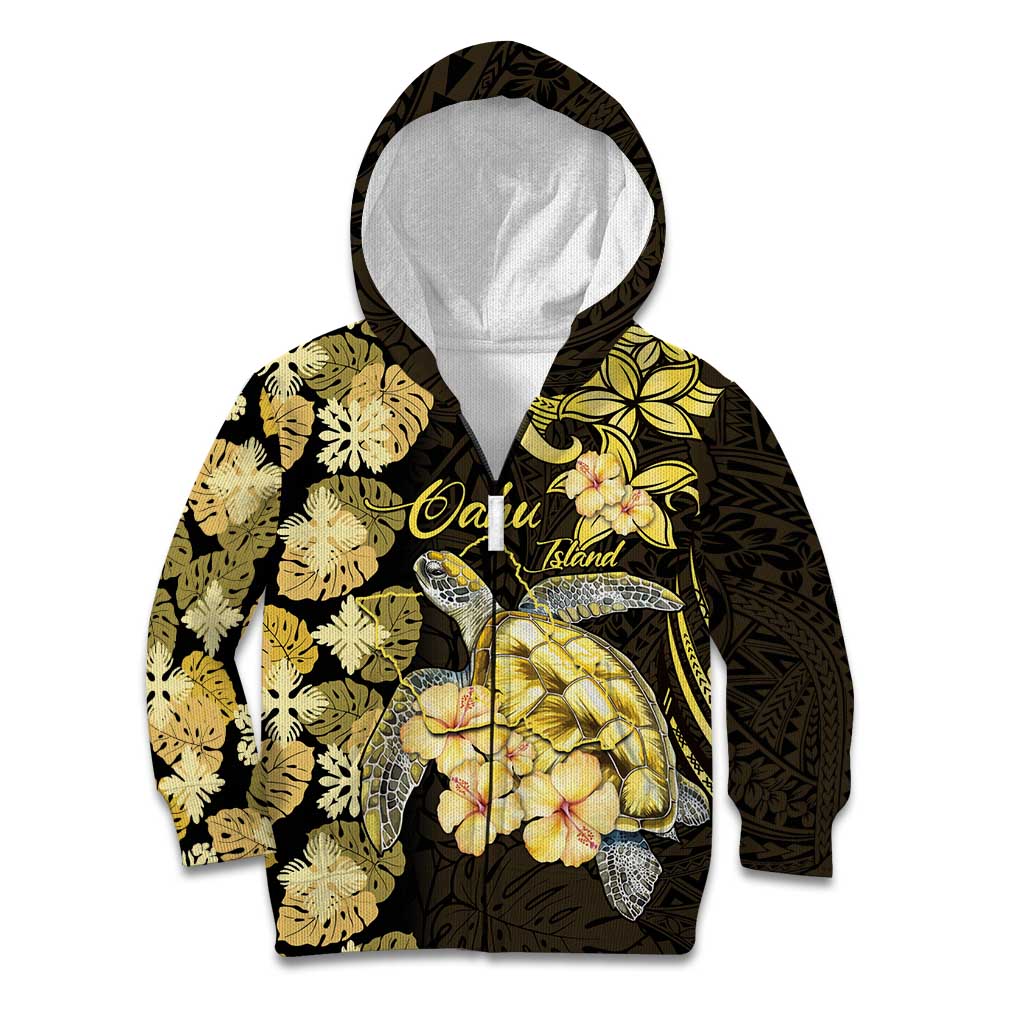 Personalised Aloha Hawaii Oahu Island Kid Hoodie Gathering Place Sea Turtle Ilima Flowers LT14 Zip Hoodie Yellow - Polynesian Pride