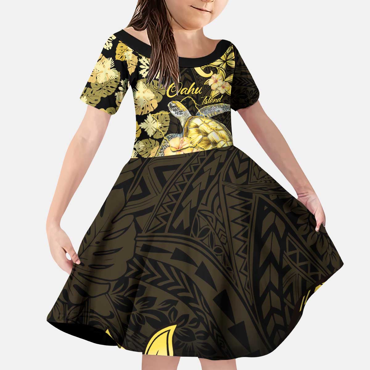 Personalised Aloha Hawaii Oahu Island Kid Short Sleeve Dress Gathering Place Sea Turtle Ilima Flowers LT14 KID Yellow - Polynesian Pride