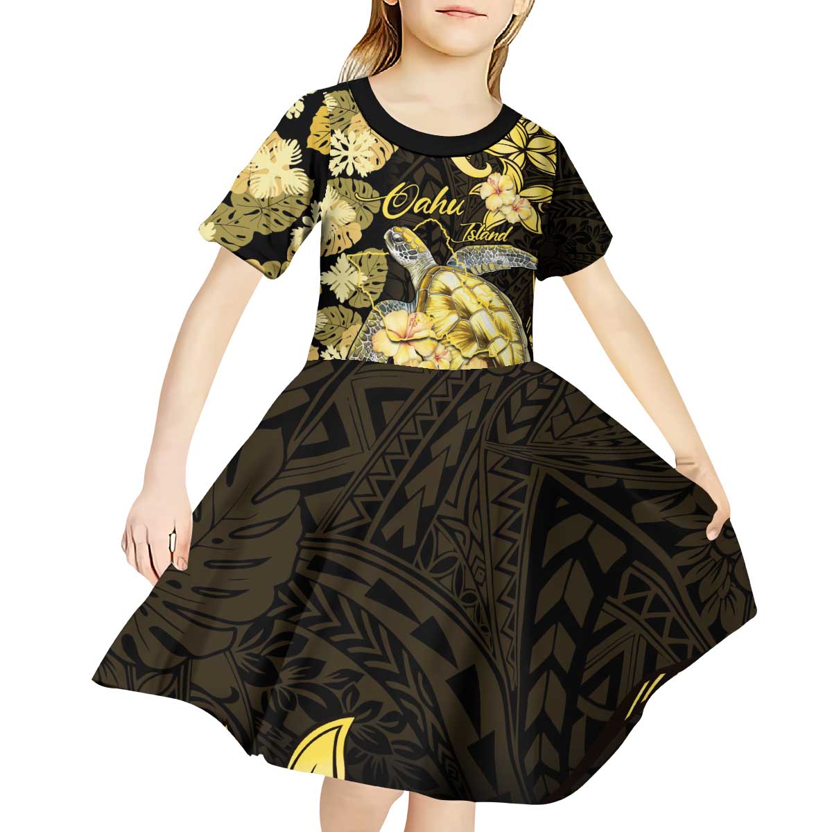 Personalised Aloha Hawaii Oahu Island Kid Short Sleeve Dress Gathering Place Sea Turtle Ilima Flowers LT14 - Polynesian Pride