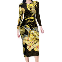 Personalised Aloha Hawaii Oahu Island Long Sleeve Bodycon Dress Gathering Place Sea Turtle Ilima Flowers LT14 Long Dress Yellow - Polynesian Pride