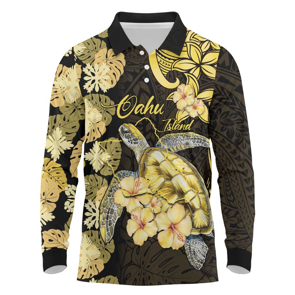 Personalised Aloha Hawaii Oahu Island Long Sleeve Polo Shirt Gathering Place Sea Turtle Ilima Flowers LT14 Yellow - Polynesian Pride