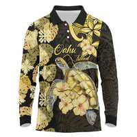 Personalised Aloha Hawaii Oahu Island Long Sleeve Polo Shirt Gathering Place Sea Turtle Ilima Flowers LT14 Yellow - Polynesian Pride