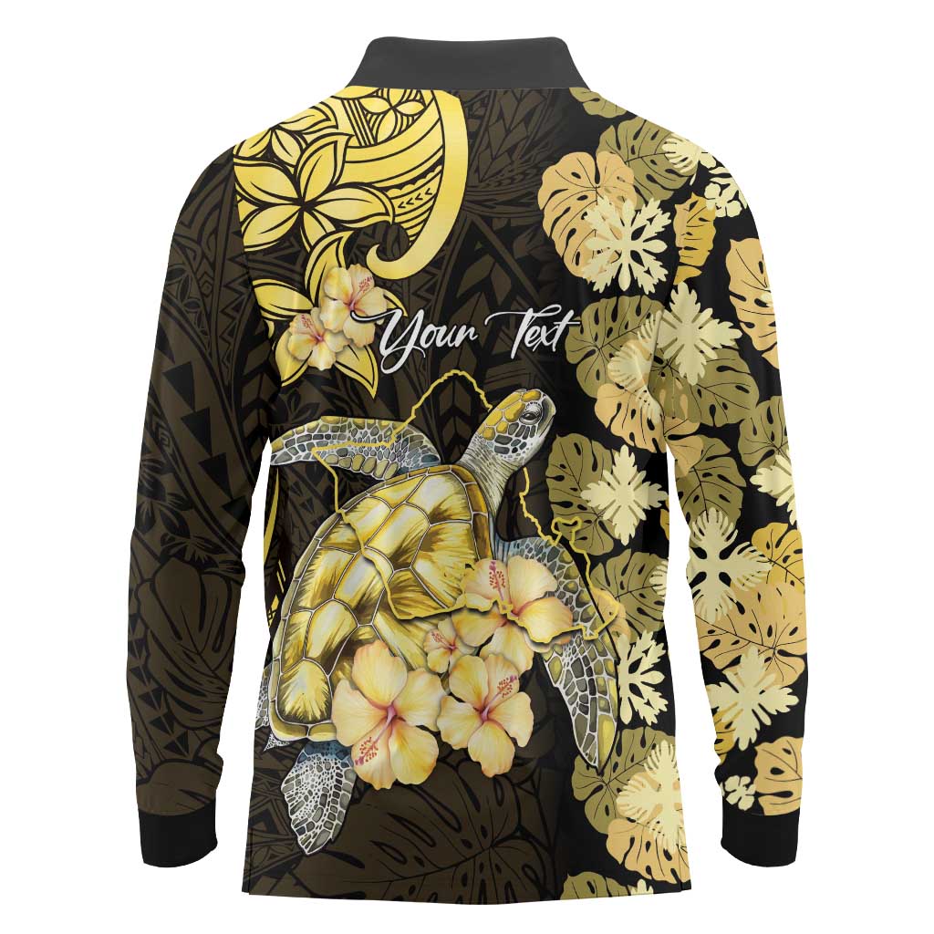 Personalised Aloha Hawaii Oahu Island Long Sleeve Polo Shirt Gathering Place Sea Turtle Ilima Flowers LT14 - Polynesian Pride