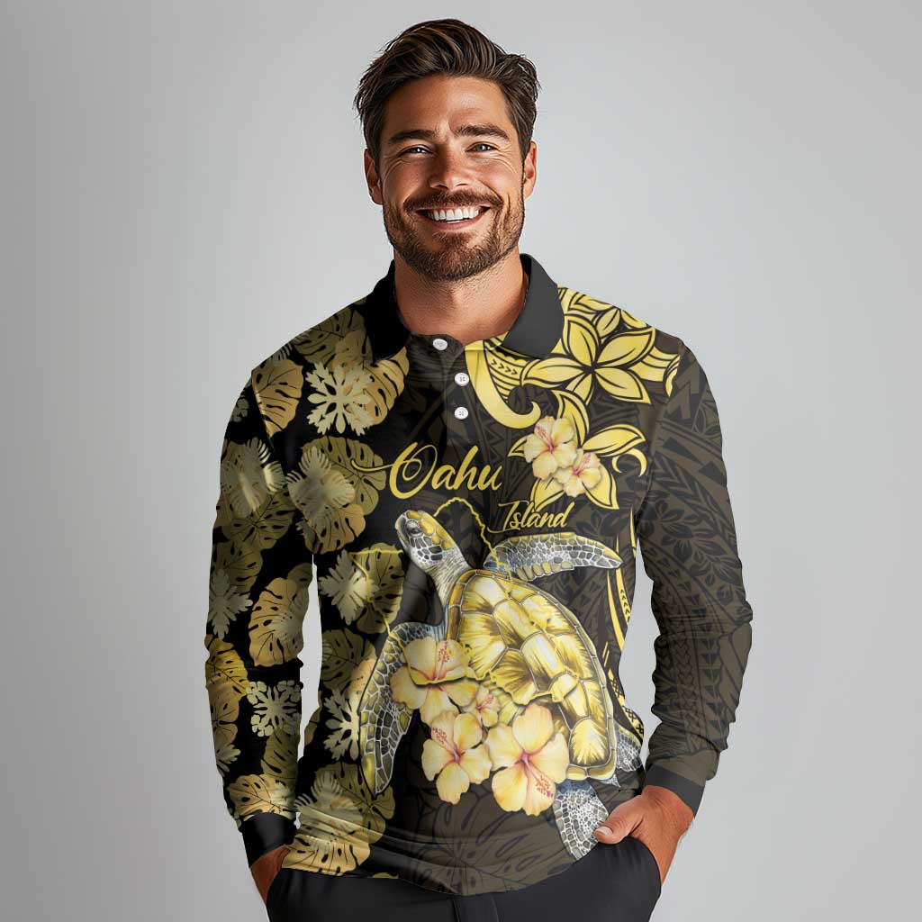 Personalised Aloha Hawaii Oahu Island Long Sleeve Polo Shirt Gathering Place Sea Turtle Ilima Flowers LT14 - Polynesian Pride