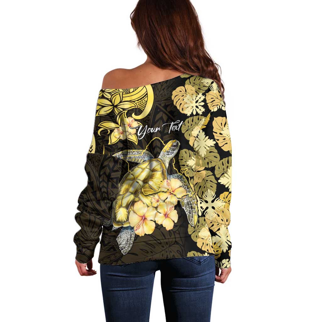 Personalised Aloha Hawaii Oahu Island Off Shoulder Sweater Gathering Place Sea Turtle Ilima Flowers