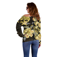 Personalised Aloha Hawaii Oahu Island Off Shoulder Sweater Gathering Place Sea Turtle Ilima Flowers