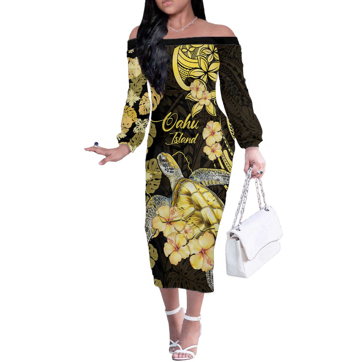 Personalised Aloha Hawaii Oahu Island Off The Shoulder Long Sleeve Dress Gathering Place Sea Turtle Ilima Flowers LT14 Women Yellow - Polynesian Pride