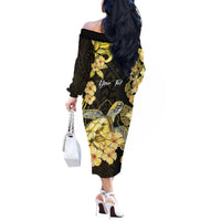 Personalised Aloha Hawaii Oahu Island Off The Shoulder Long Sleeve Dress Gathering Place Sea Turtle Ilima Flowers LT14 - Polynesian Pride