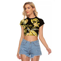 Personalised Aloha Hawaii Oahu Island Raglan Cropped T Shirt Gathering Place Sea Turtle Ilima Flowers LT14 Female Yellow - Polynesian Pride