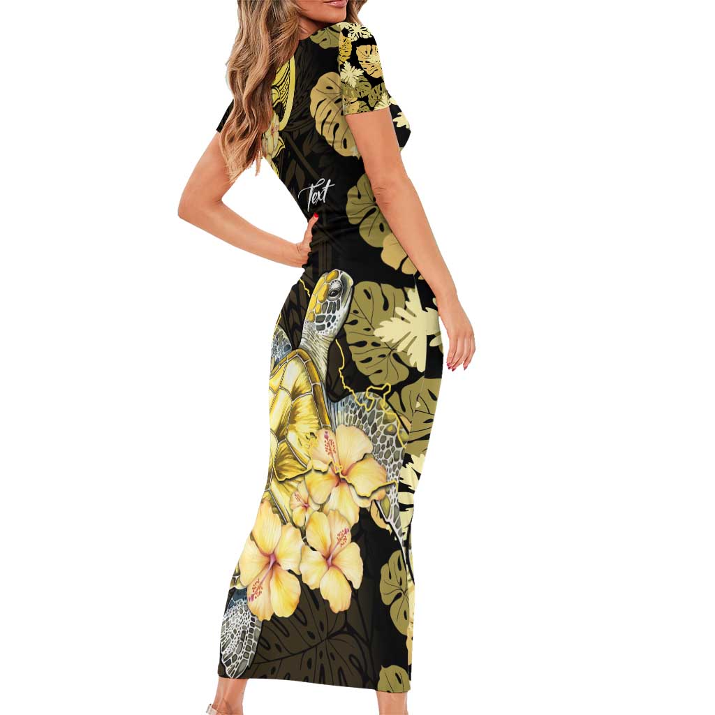 Personalised Aloha Hawaii Oahu Island Short Sleeve Bodycon Dress Gathering Place Sea Turtle Ilima Flowers LT14 - Polynesian Pride