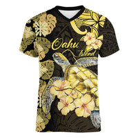 Personalised Aloha Hawaii Oahu Island Women V-Neck T-Shirt Gathering Place Sea Turtle Ilima Flowers LT14 Female Yellow - Polynesian Pride