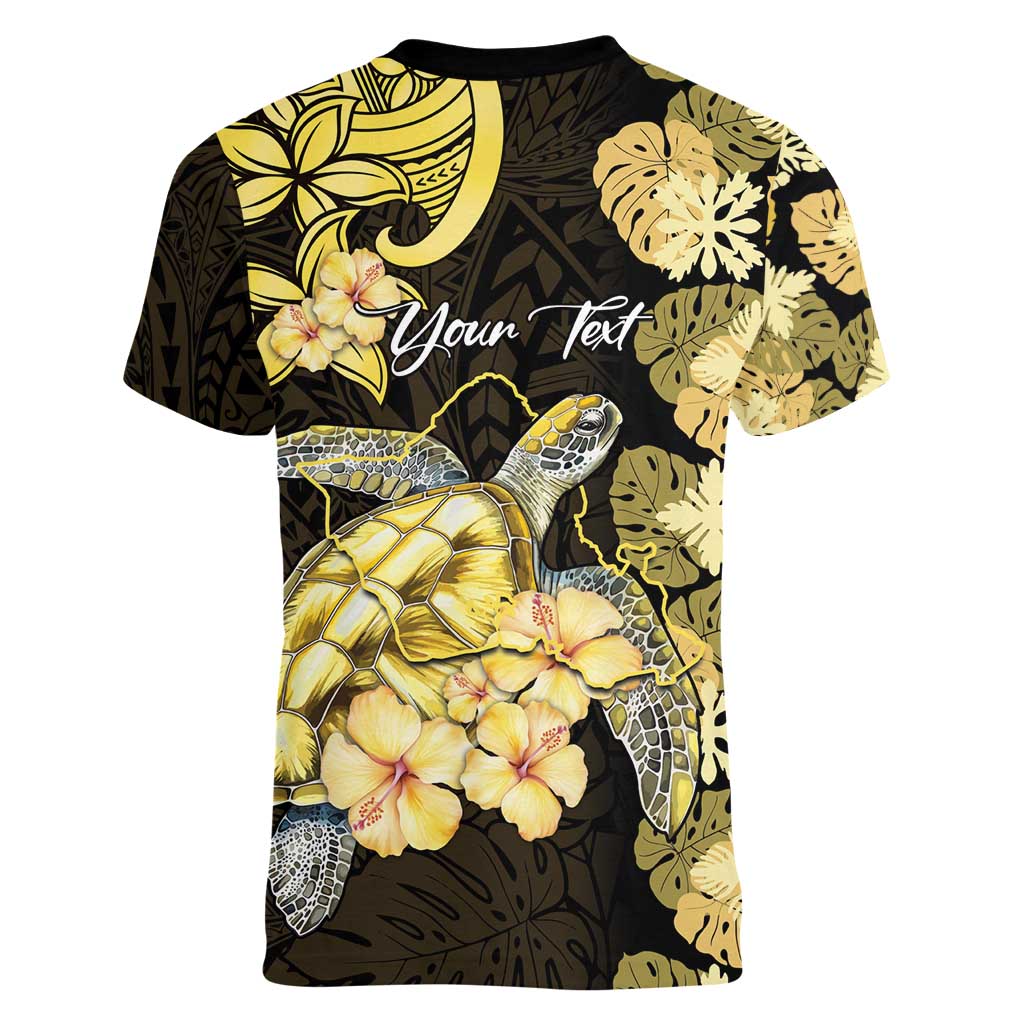Personalised Aloha Hawaii Oahu Island Women V-Neck T-Shirt Gathering Place Sea Turtle Ilima Flowers LT14 - Polynesian Pride