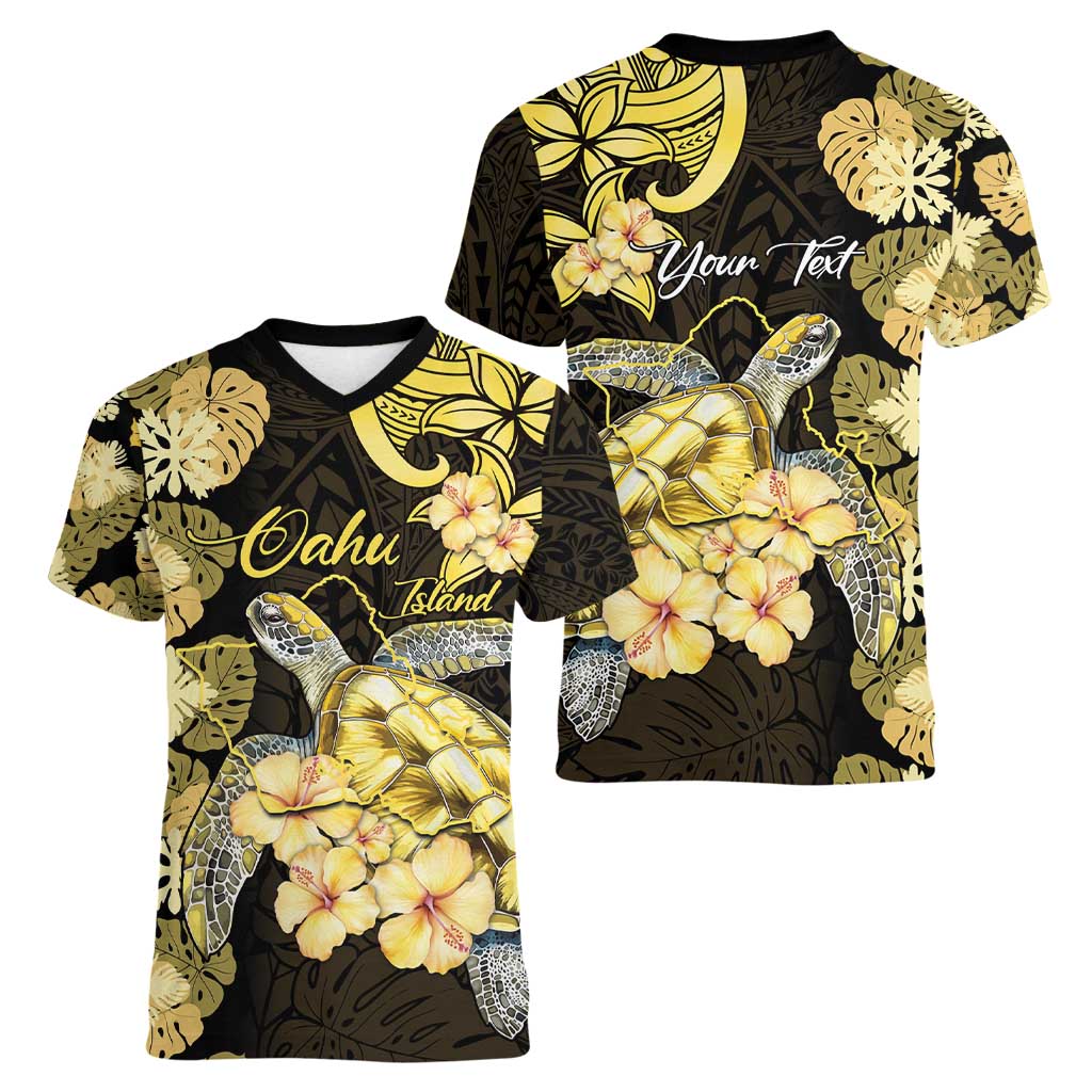Personalised Aloha Hawaii Oahu Island Women V-Neck T-Shirt Gathering Place Sea Turtle Ilima Flowers LT14 - Polynesian Pride