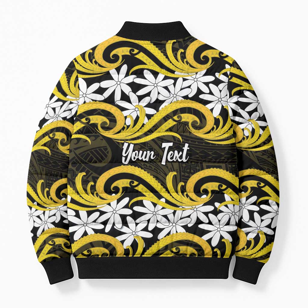 Personalised Cook Islands Aitutaki Bomber Puffer Jacket Tiare Maori Polynesian Waves Tattoo